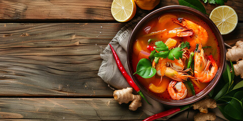 a bowl of Tom Yum Shrimp young soup, traditional Thai food, generative AI