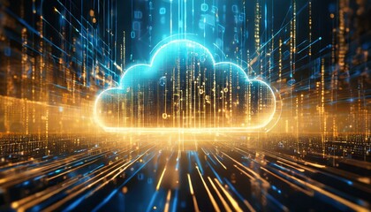 data transfer cloud computing technology concept. There is a large prominent cloud icon in the center with internal connections. and small icon on abstract world map polygon with light blue and gold.