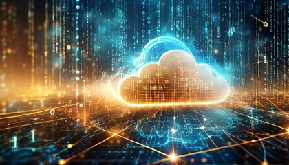 data transfer cloud computing technology concept. There is a large prominent cloud icon in the center with internal connections. and small icon on abstract world map polygon with light blue and gold.