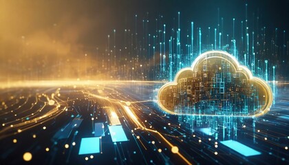 data transfer cloud computing technology concept. There is a large prominent cloud icon in the center with internal connections. and small icon on abstract world map polygon with light blue and gold.