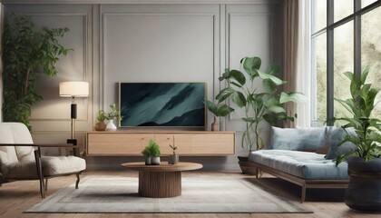 Interior mock up living room. cabinet for TV or place object in modern living room with lamp. Generative AI.