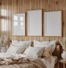 Frame Mockup Set in a Cozy Bedroom Interior Background. Presented in 3D Render. Made with Generative AI Technology