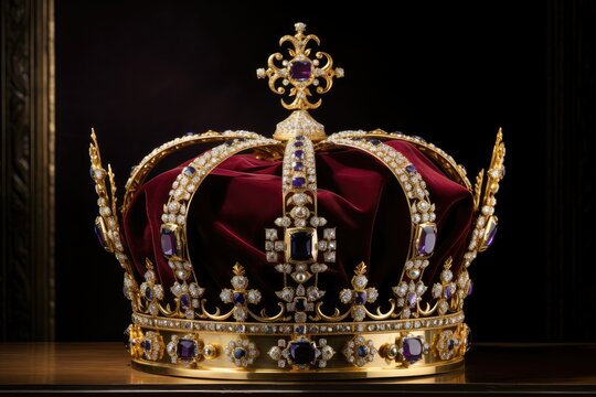 A stunning gold crown adorned with sparkling purple and white jewels, fit for royalty. Generative AI