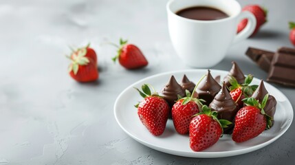 Healthy fruits, bright red strawberries on a white plate With a cup of hot chocolate placed on the side, chocolate dipped strawberries on a white background sorted.