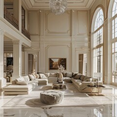 Stylish furniture design concept in a spacious living room of a luxurious estate with wooden elements.