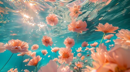 Fototapeta na wymiar Digital flowers in underwater fantasy scene abstract graphic poster web page PPT background