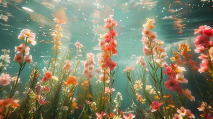 Digital flowers in underwater fantasy scene abstract graphic poster web page PPT background