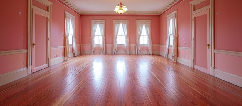 Remodeled House Room with Wood Floors, Moulding, Light Pink Paint, and Ceiling Lights.
