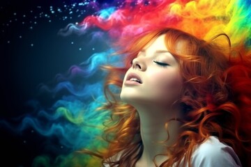 Obraz na płótnie Canvas Chic and Vibrant model strikes a pose against a colorful rainbow smoke background, creating a mesmerizing play of light and shadow. Generative AI.
