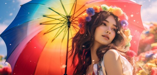 Chic and Vibrant model strikes a pose against a colorful rainbow smoke background, creating a mesmerizing play of light and shadow. Generative AI.