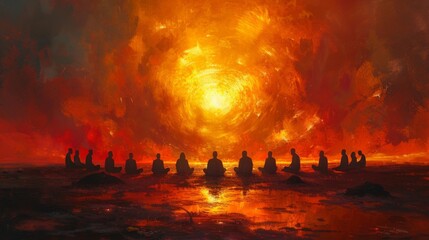 A group of people meditating in a circle their eyes closed and expressions serene as their astral projections meet in the center above them.