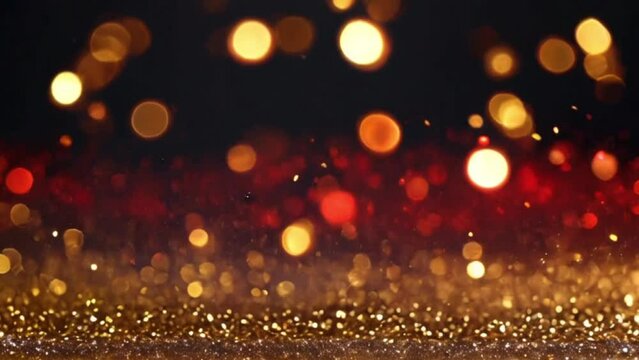  Animation golden and red light shine particles bokeh on navy black background.
