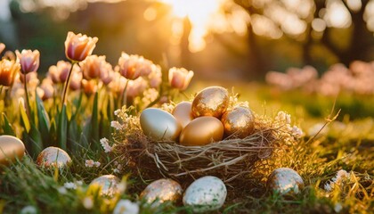 Fototapeta na wymiar easter eggs in a nest and flowers in the garden