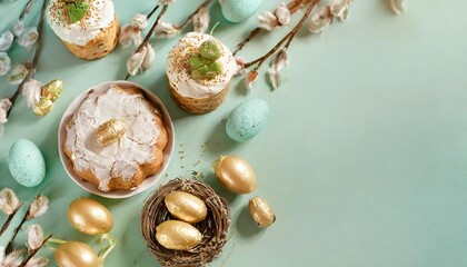 Obraz na płótnie Canvas happy easter composition for easter design elegant easter eggs easter cakes and nests on mint background flat lay top view copy space