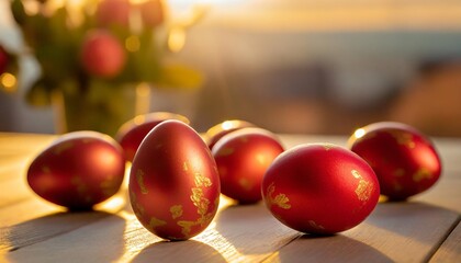 group of red easter eggs on table