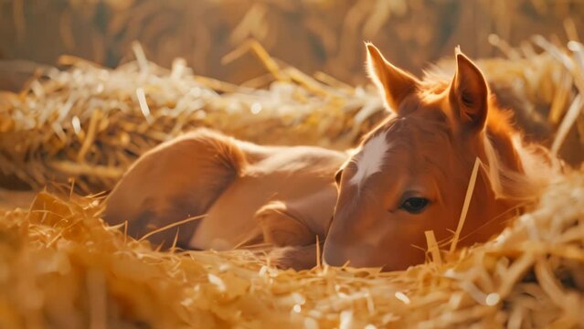 cute horse foal lying in straw. 4k video animation