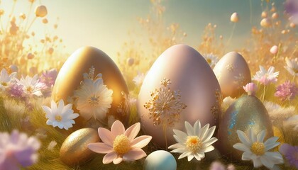 Obraz na płótnie Canvas 3d render illustration of easter eggs and flowers with a fairy tale theme made with