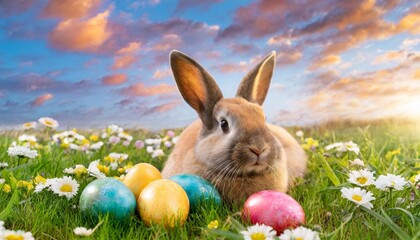 sweet easter bunny laying in the meadow with a colorful set of easter eggs and beatiful flowers an a clowdy sky