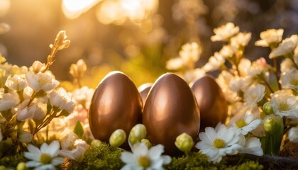 Fototapeta na wymiar elegant chocolate easter eggs amidst blooming spring flowers display