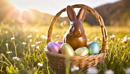 easter eggs in basket with easter bunny on top chocolate rabbit with colorful decorated eggs in wicker basket in grass magical morning light spring season holidays traditional egg hunt