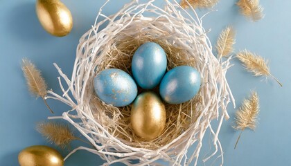 Fototapeta na wymiar fashion easter background blue eggs with golden design in white nest closeup on blue color top view