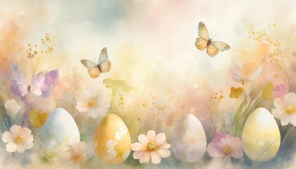 Fototapeta na wymiar watercolor festive easter background with flowers easter eggs butterflies