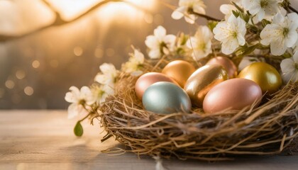 Fototapeta na wymiar colorful easter eggs in nest happy easter season floral decoration copy space