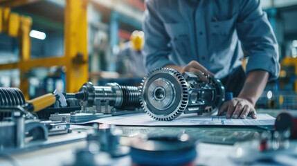 Obraz premium A Close-up view of engineers and technicians designing and engineering mechanical parts. Industrial engine factory, blueprints, bearing measurement, calipers, tools, industrial background.