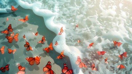 Digital red velvet butterfly flying on the surface of ocean fantasy scene abstract graphic poster web page PPT background