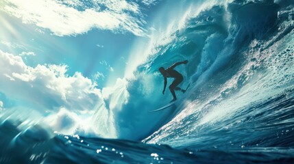 Young surfer surfs a big ocean wave in a tropical sea. - obrazy, fototapety, plakaty
