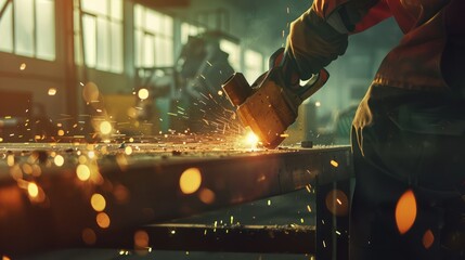 A Worker in heavy industrial engineering factory interior with worker using angle grinder and cutting metal photorealistic studio lighting. - obrazy, fototapety, plakaty