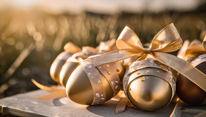 beautiful easter eggs painted and decorated with golden ribbon bow