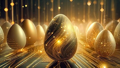 abstract easter decorations abstract circuit board decorations easter eggs high speed fiber optic internet concept gold and black artificial intelligence - obrazy, fototapety, plakaty