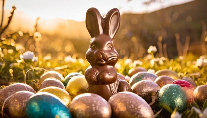 Fototapeta na wymiar chocolate bunny sits among colorful easter eggs