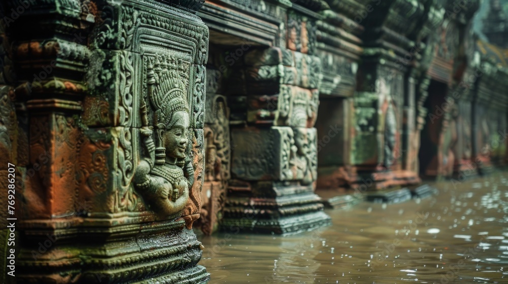 Poster the intricate carvings and details of a submerged temple now blurred and disintegrating under the we