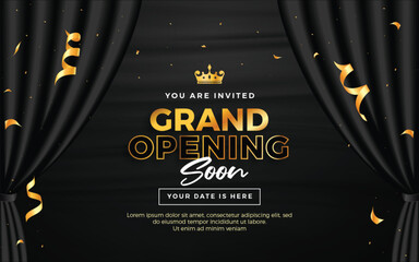 Realistic grand opening invitation banner with black curtains, golden elements and 3d editable text effect