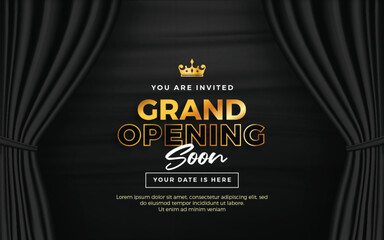 Realistic grand opening invitation banner with black curtains, golden elements and 3d editable text effect