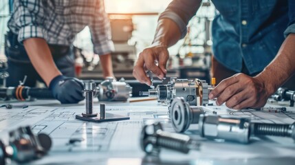 A Close-up view of engineers and technicians designing and engineering mechanical parts. Industrial engine factory, blueprints, bearing measurement, calipers, tools, industrial background. - obrazy, fototapety, plakaty