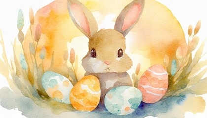 watercolor illustration of a cute easter bunny with eggs