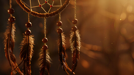 Traditional dream catcher with feathers and jewelry ,Close up of dream catcher with beads and beads hanging from it - obrazy, fototapety, plakaty