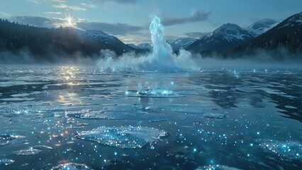 Naklejka premium Experience the ethereal charm of the frozen sea, where crystalline ice blankets the once-rippling waters, painting a picture of stillness and tranquility.