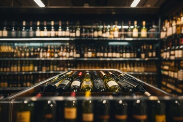 wine bottles on alcohol shelf in bar or liquor store - obrazy, fototapety, plakaty