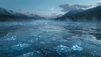 Delight in the breathtaking vista of the frozen sea, where frosty waves are suspended in time, frozen in their graceful dance.