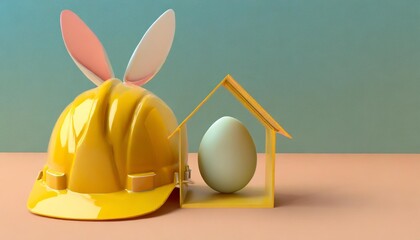 yellow protective helmet with rabbit ears and an egg colored as a symbolic house creative easter template for a construction architectural or a real estate company