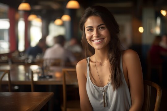 Beautiful young woman smiles joyfully, enjoying a delightful dining experience at a lively restaurant. Generative AI.
