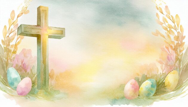 christian cross clipart with watercolor easter theme border and banner