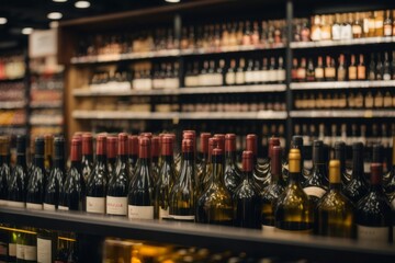 wine bottles on alcohol shelf in bar or liquor store