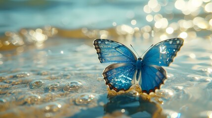 Fototapeta na wymiar Digital blue butterfly on the surface of crystal transparent water fantasy scene abstract graphic poster web page PPT background