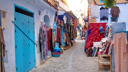 Fototapeta na wymiar Souvenir shops in the medina in Chefchaouen, Morocco