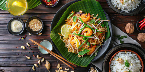 a plate of Thai pad thai with noodles, shrimp and vegetables on top of green leaves, generative AI